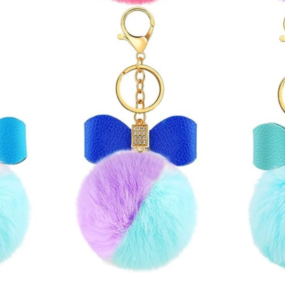 Blue Print Bow Keychain with Blue & Purple Fluffy Pom Pom